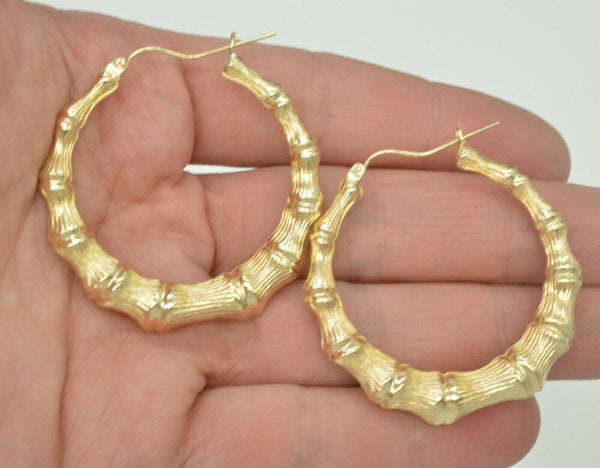 REAL 10K Yellow Gold 1 3/4 " 42mm  Large Graduated Bamboo Hoop Earrings