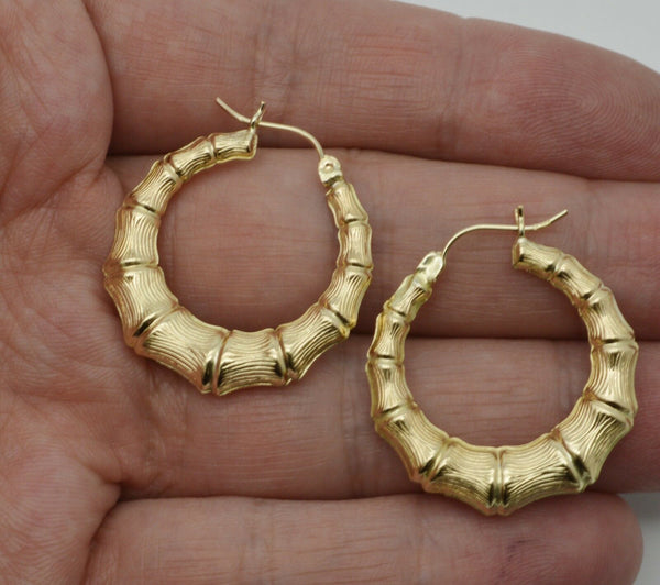 REAL 10K Yellow Gold  33mm Graduated Bamboo Hoop Earrings 3.9gr