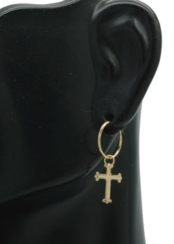 14k Yellow Solid Gold Dangle Cross Charm hoop Earrings