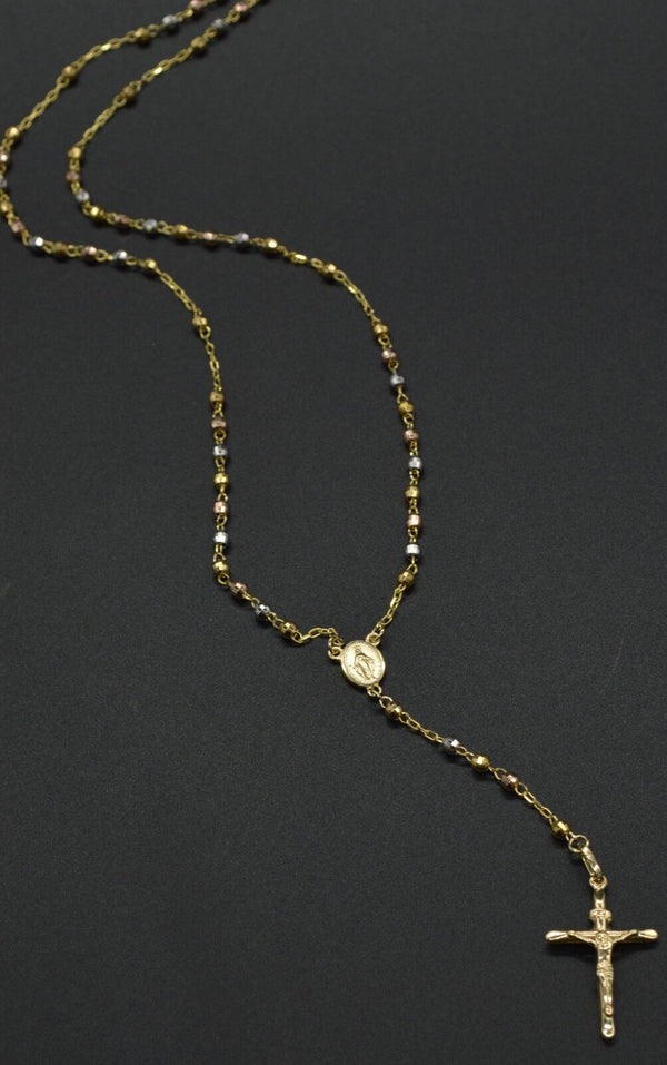 as50 14k Solid Tr-iColor Gold Rosary virgin Mary Jesus Cross Necklace 7.3 gr