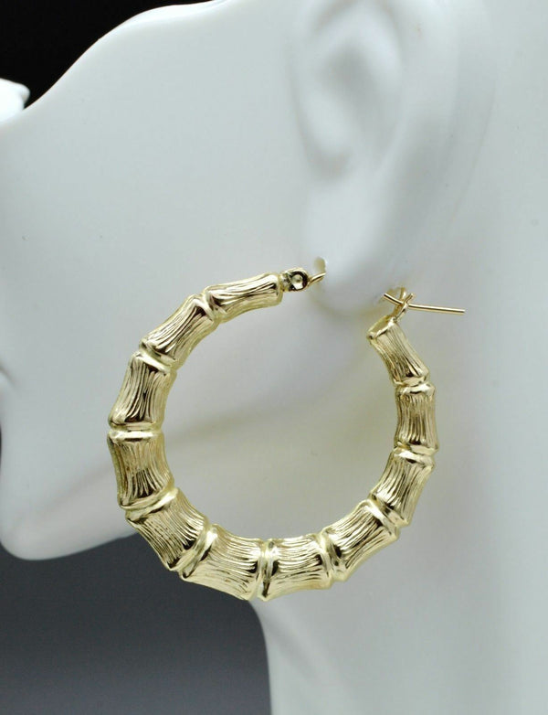 REAL 10K Yellow Gold 1.40'' Large Graduated Bamboo Hoop Earrings 5.8gr