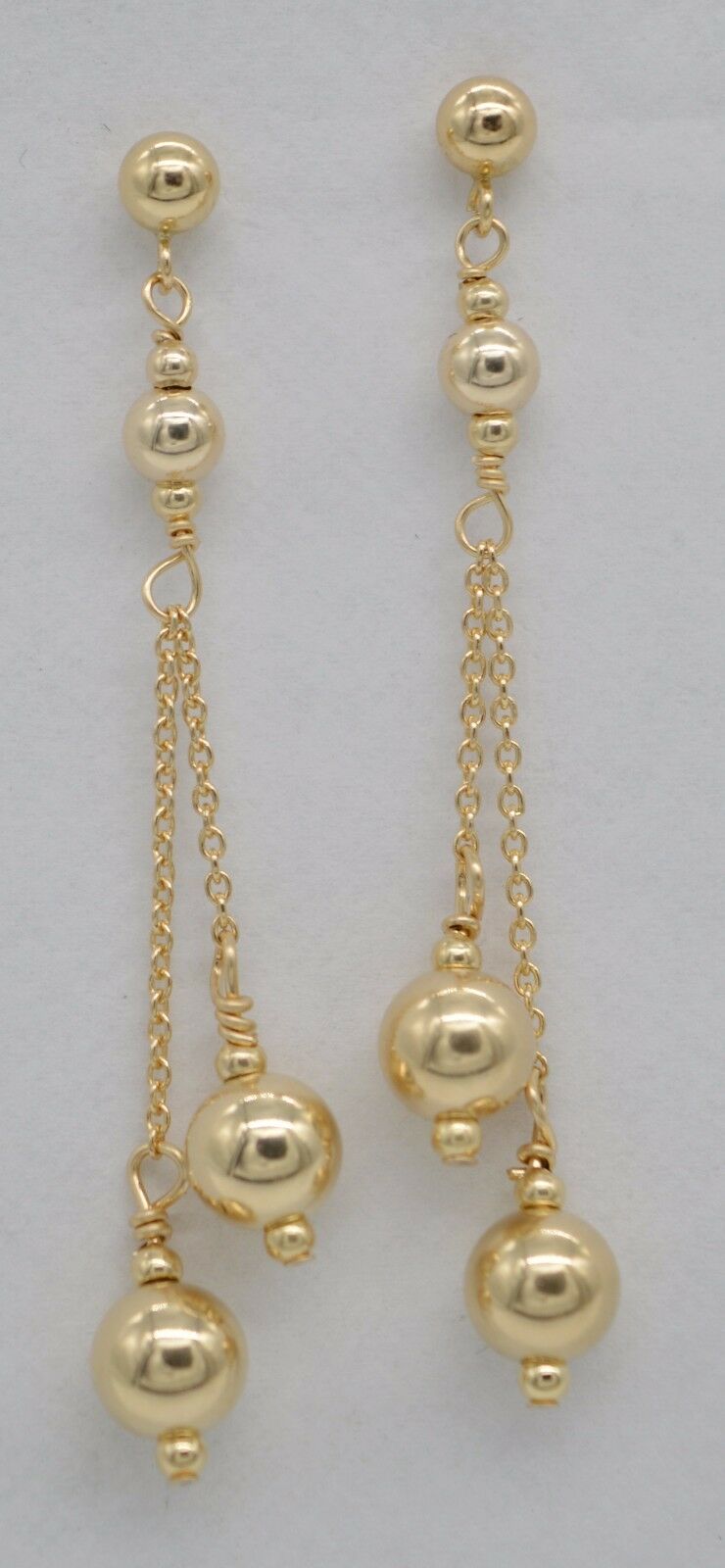 New 14K Solid Yellow Gold Round Double Bead Drop/Dangle Earrings