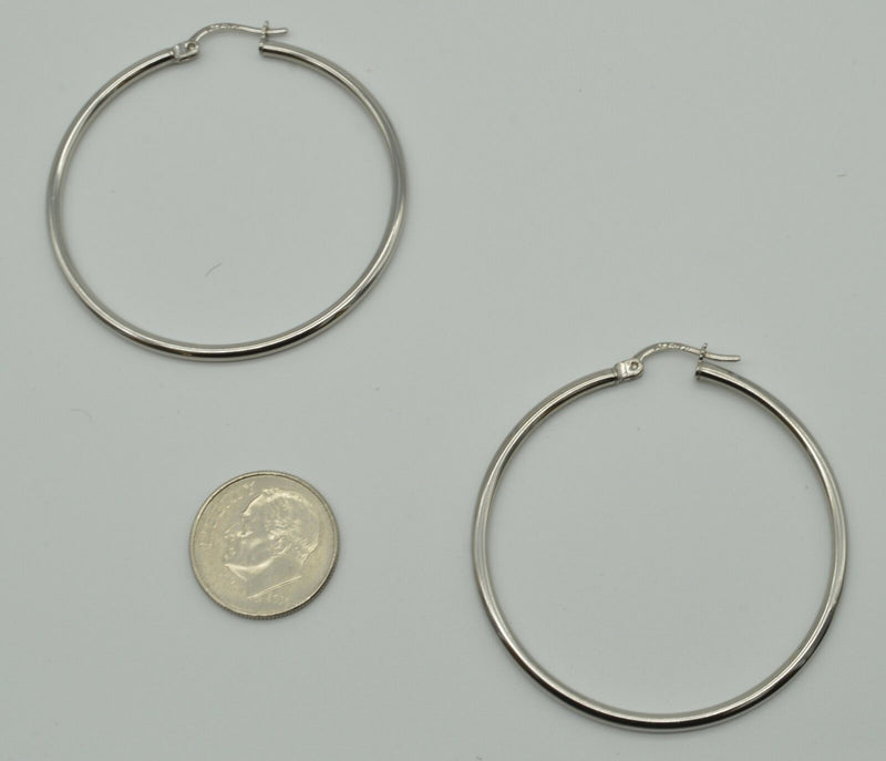 14k Solid White Gold big Large hoop Plain Earrings 45mm x1.5mm. 2.1gr