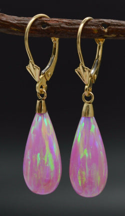 14K Solid Yellow Gold Tear Drop Pink Fire Opal Lever back Dangle Earrings 37mm