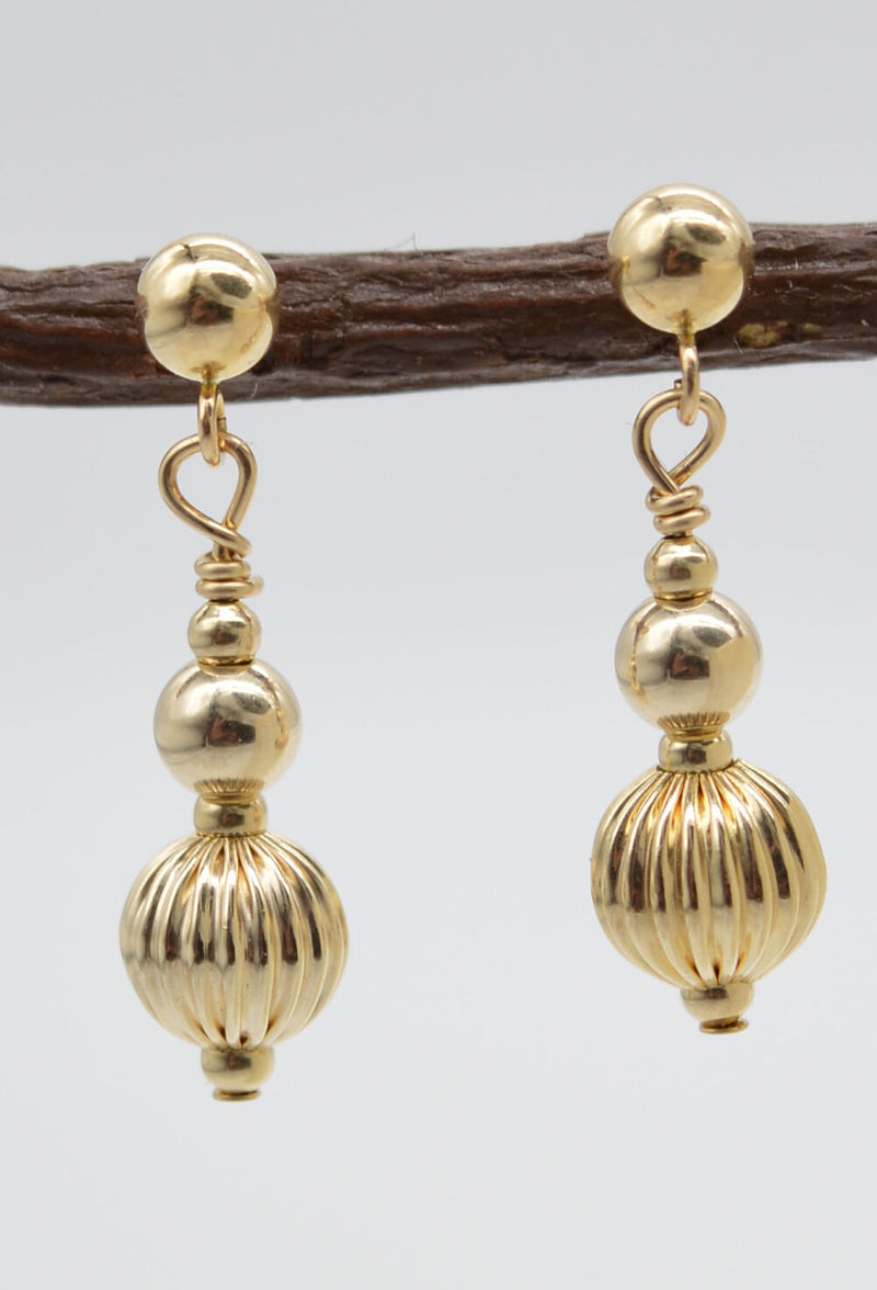 14K Solid Gold and 6mm Corrugated Ball Beaded Drop Earrings