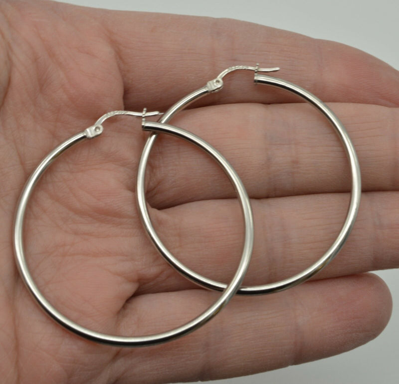 14k Solid White Gold big Large hoop Plain Earrings 45mm x1.5mm. 2.1gr