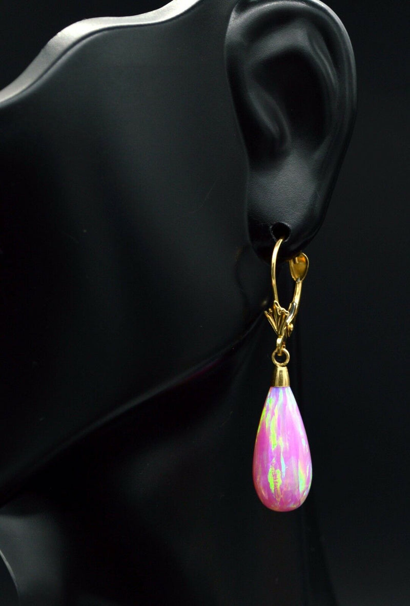 14K Solid Yellow Gold Tear Drop Pink Fire Opal Lever back Dangle Earrings 37mm