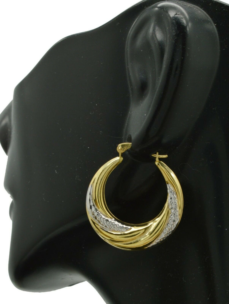 14k Solid  Yellow & White Gold Dia cut & Brushed Hoop Earrings.  Length 25MM