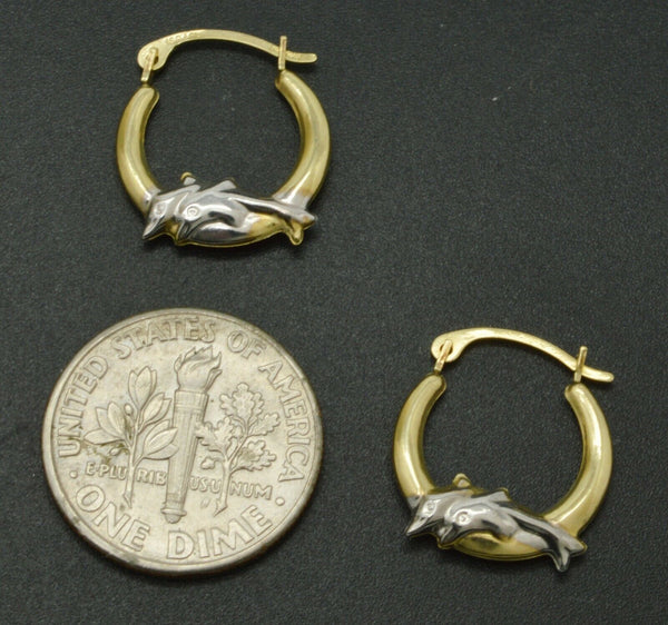 14k Solid  Yellow & White Gold dumping Dolphin Hoop Earrings.  Length 16MM