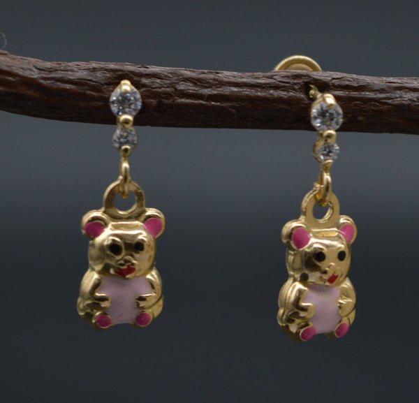 Pink Enamel TeddyBear 14K Solid Yellow Gold Dangle CZ Screwback Earrings