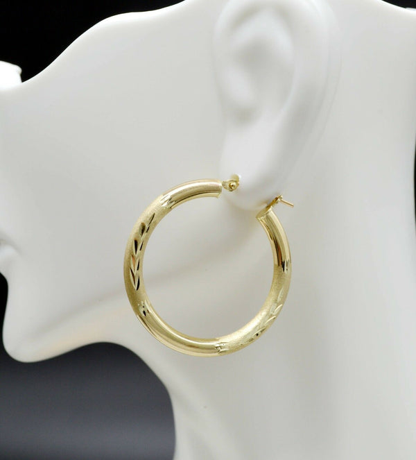 10k Solid Yellow Gold Large hoop Diamond Cut Earrings 1.1/4'' 30mm x4MM 2.9GR