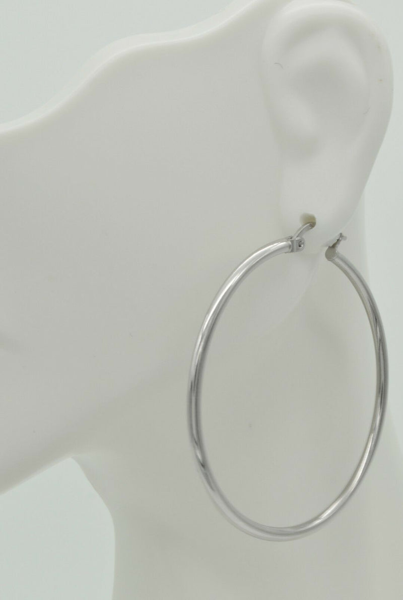 14k Solid White Gold big Large hoop Plain Earrings 45mm x1.5mm. 2.1gr