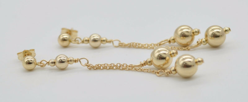 New 14K Solid Yellow Gold Round Double Bead Drop/Dangle Earrings