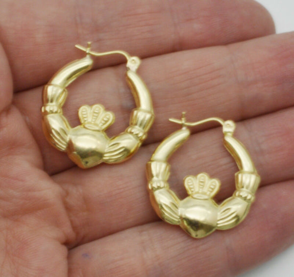 REAL 10K Yellow Gold 25mm Claddagh Hoop Earrings 2.8gr