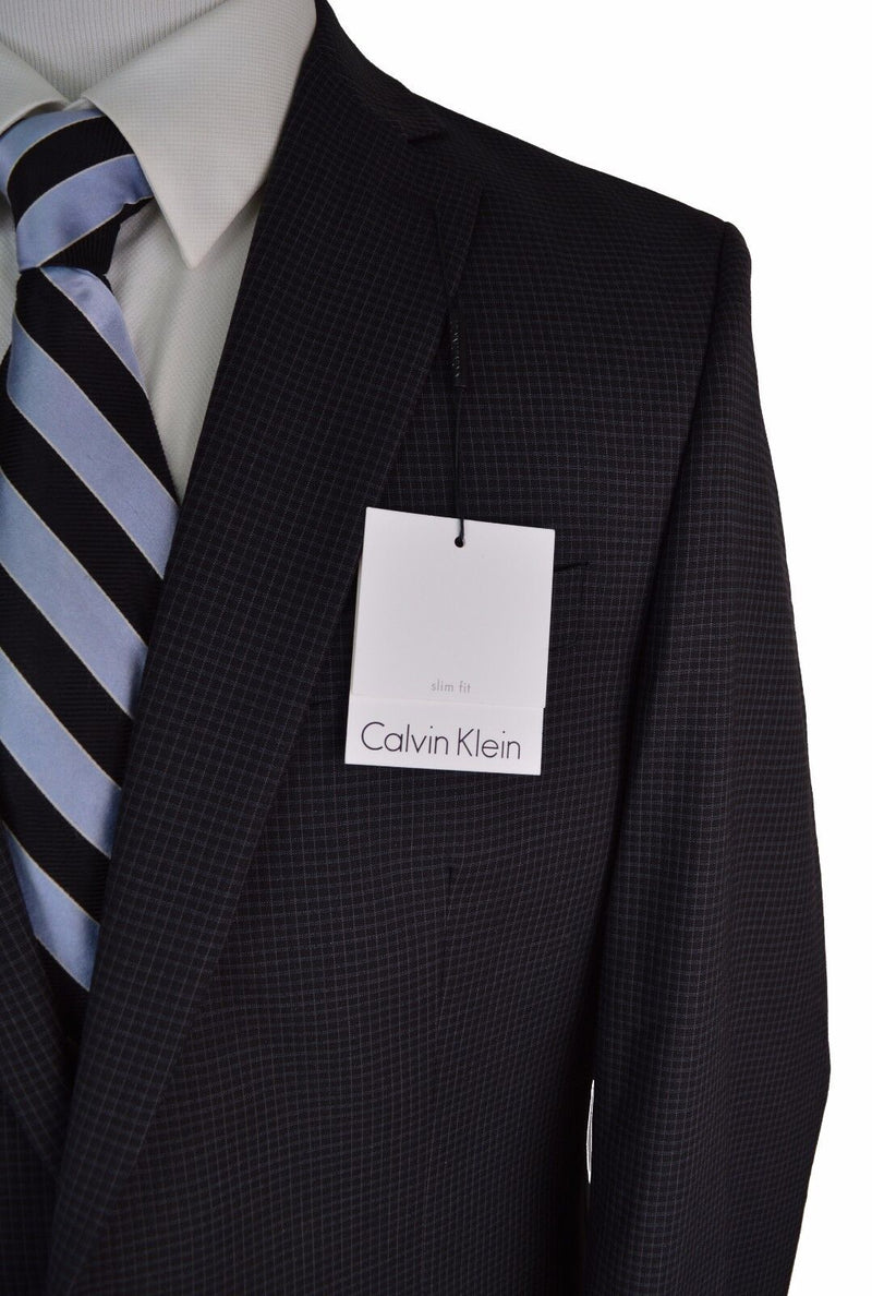 #X341 NEW CALVIN KLEIN Black Grid 100% Wool 2 Button Slim Fit Blazer 40 Long