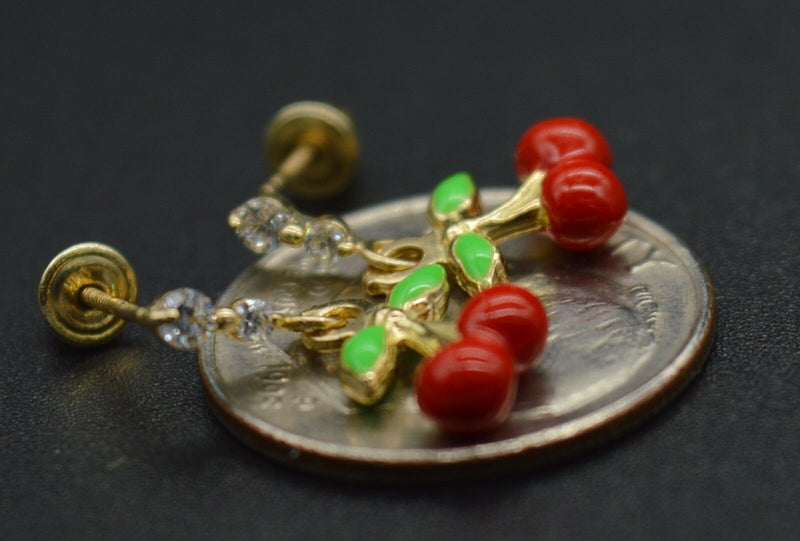 JM144 Enamel Cherries 14K Solid Yellow Gold Dangle CZ Screw-back Earrings