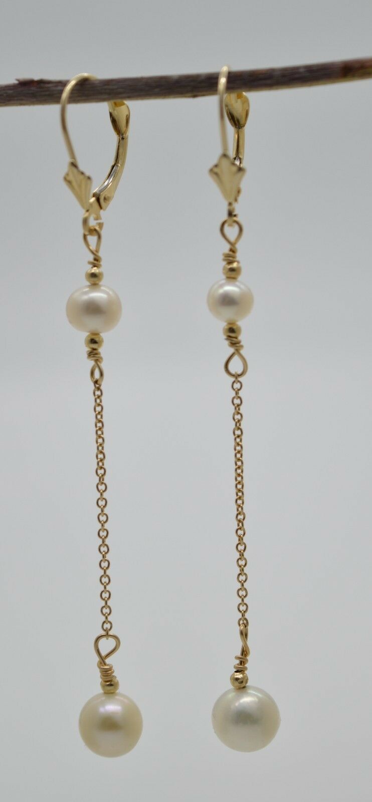 New 14K Solid Gold Cultured White Pearl Drop/Dangle Earrings