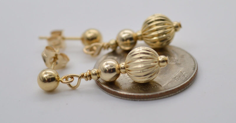 14K Solid Gold and 6mm Corrugated Ball Beaded Drop Earrings