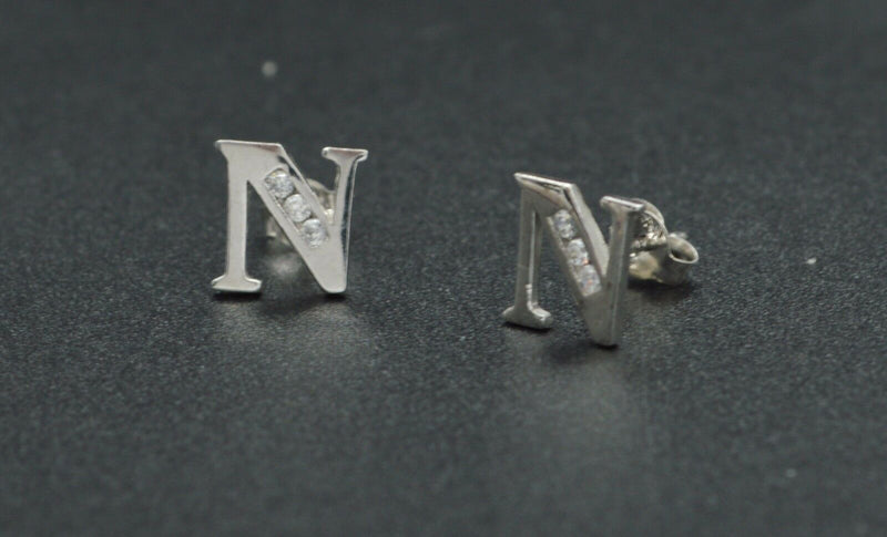 JM173 14k Solid White Gold Initial Letter 6.5mm (N) Stud Earrings Available A-Z