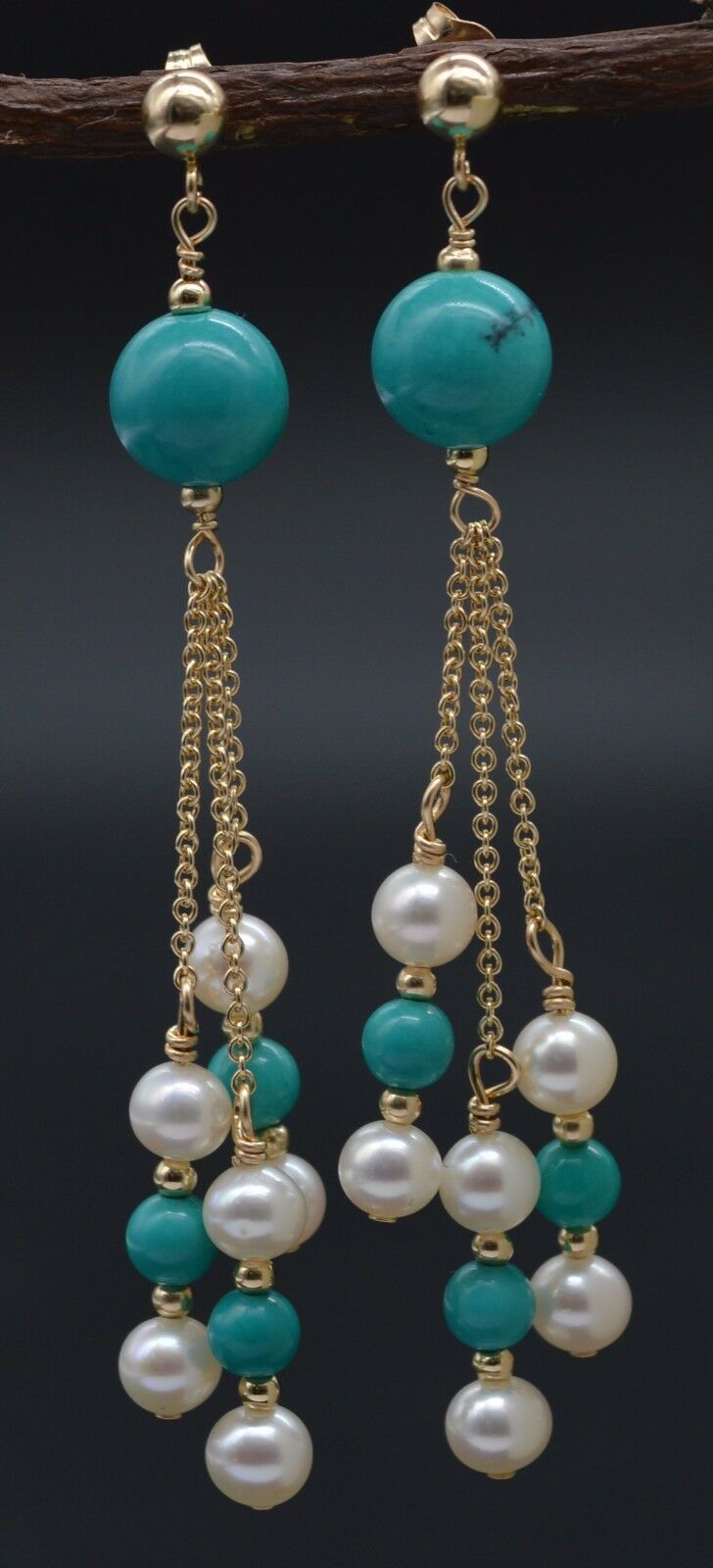 New 14K Solid Gold Natural Turquoise & Pearl Chandelier Dangle Earrings