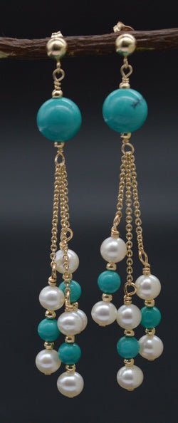 New 14K Solid Gold Natural Turquoise & Pearl Chandelier Dangle Earrings