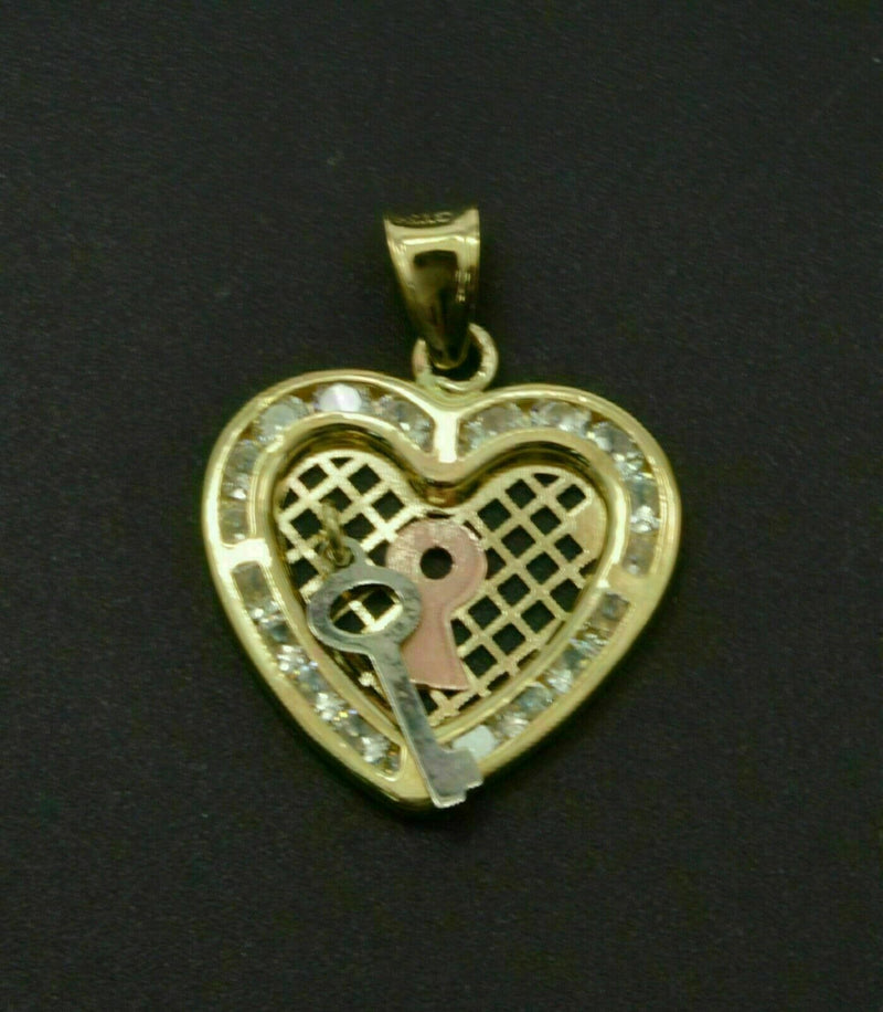 REAL 14k Yellow Gold Heart & dangling key cz Pendant