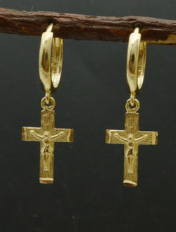 14k Yellow Solid Gold Dangle Cross Charm Huggie hoop Earrings