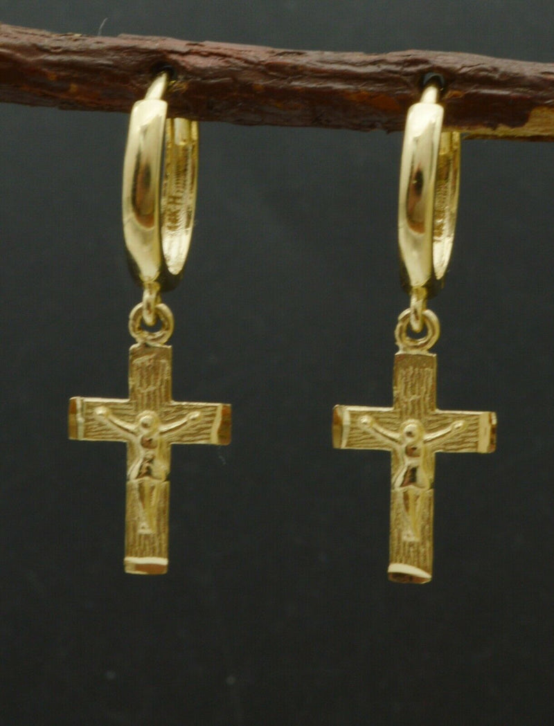 14k Yellow Solid Gold Dangle Cross Charm Huggie hoop Earrings