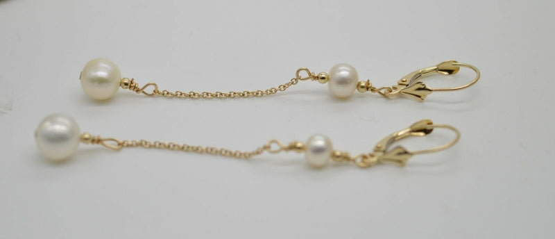 New 14K Solid Gold Cultured White Pearl Drop/Dangle Earrings