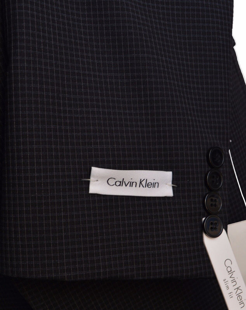 #X341 NEW CALVIN KLEIN Black Grid 100% Wool 2 Button Slim Fit Blazer 40 Long