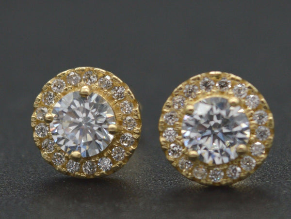 14k Solid Yellow Gold 1.50ct Round Brilliant Lab Diamond Halo Stud Earrings