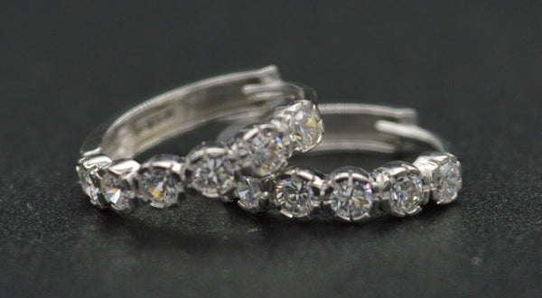 JM157 14K Solid White Round Created Diamond Huggie Hoop Earrings