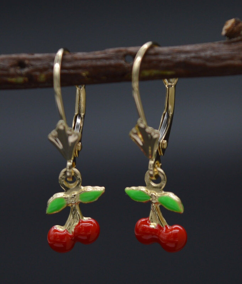 14K Solid Yellow Gold Enamel Cherries Dangle Leverback Earrings