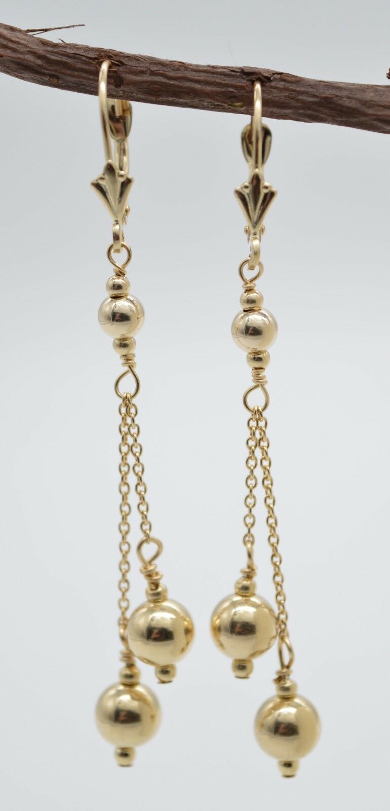 New 14K Solid Yellow Gold Round Double Bead Drop/Dangle Earrings