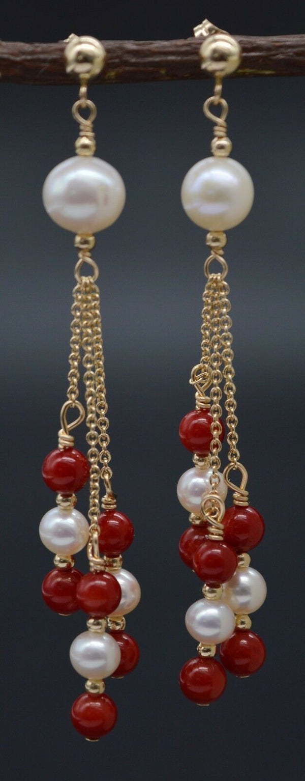 You New 14K Solid Gold Natural Coral & Pearl Chandelier Dangle Earrings As a