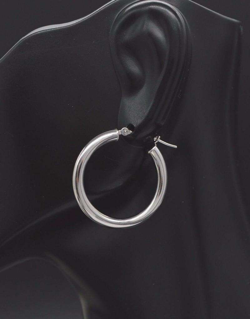 14k Solid White Gold Plain Round hoop Earrings. 25mm x2MM