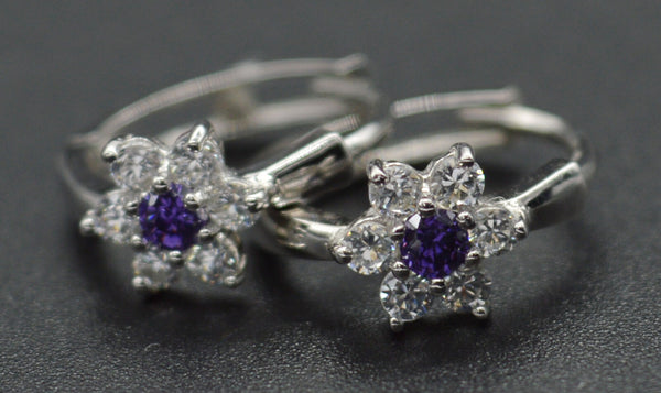 14K Solid White Gold 11mm Purple Cubic Zirconia CZ Flower Huggie Earrings