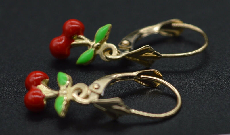 14K Solid Yellow Gold Enamel Cherries Dangle Leverback Earrings