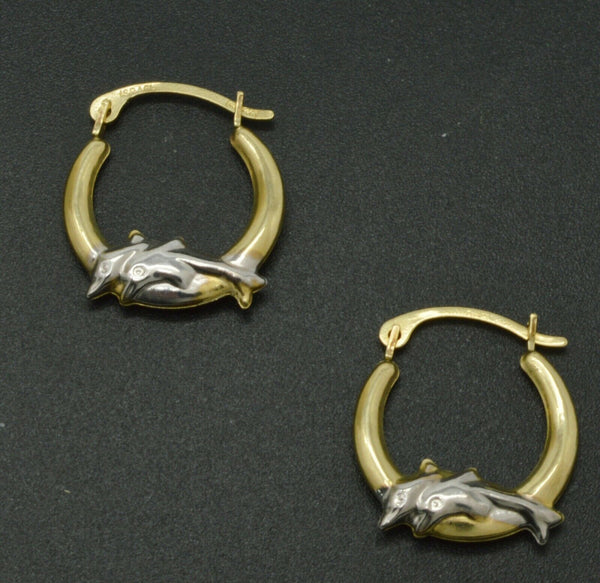 14k Solid  Yellow & White Gold dumping Dolphin Hoop Earrings.  Length 16MM