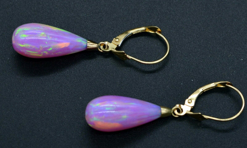 14K Solid Yellow Gold Tear Drop Pink Fire Opal Lever back Dangle Earrings 37mm