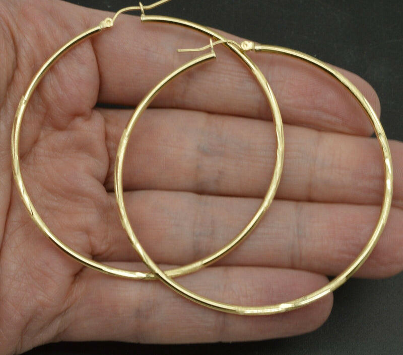 10k Solid Yellow Gold big Large hoop Diamond Cut Earrings 60mm x2MM 3.4GR