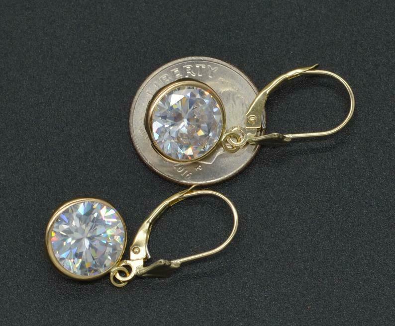 12ct 14K Yellow Solid Gold Round 10mm Created Diamond Lever Back Dangle Earrings