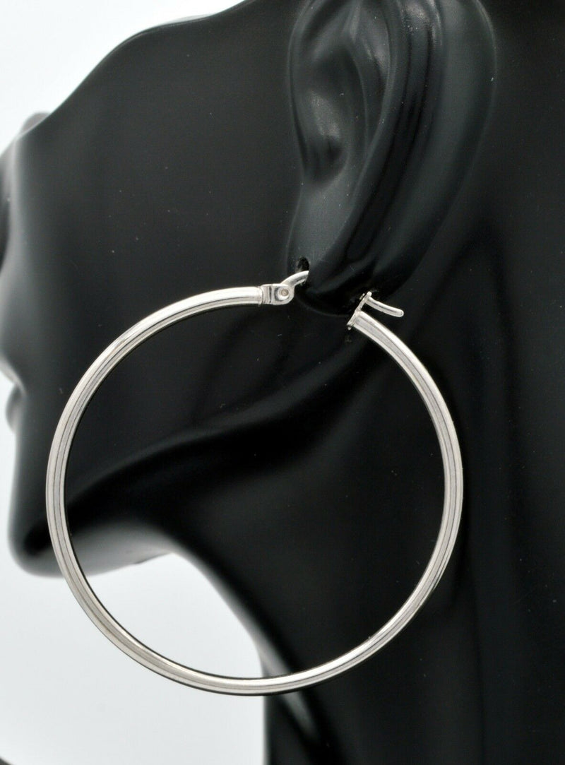 14k Solid White Gold big Large hoop Plain Earrings 45mm x1.5mm. 2.1gr