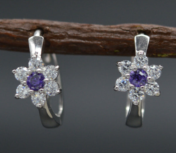 14K Solid White Gold 11mm Purple Cubic Zirconia CZ Flower Huggie Earrings