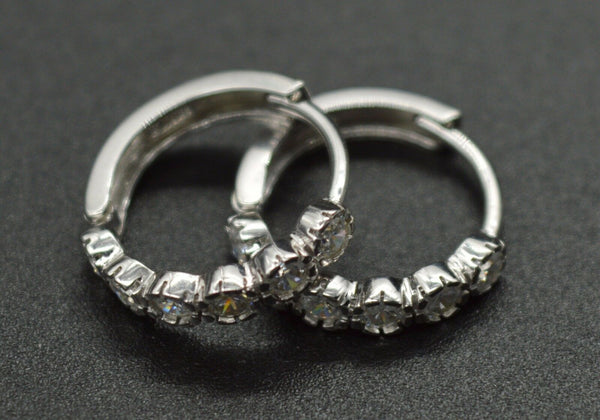 JM157 14K Solid White Round Created Diamond Huggie Hoop Earrings