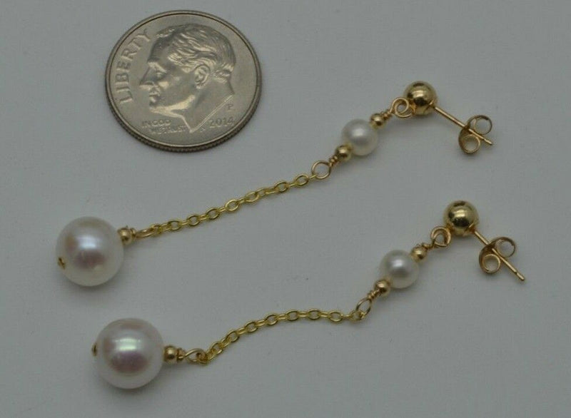 New 14K Solid Gold Cultured 7mm Pearl Drop/Dangle Earrings