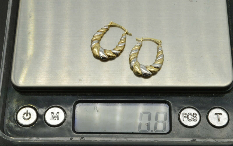 14k Solid  Yellow & White Gold Roped Oval Hoop Earrings.  Length 20MM