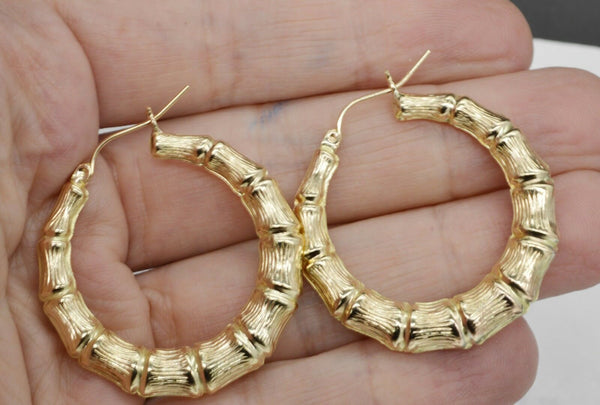 REAL 10K Yellow Gold 1.40'' Large Graduated Bamboo Hoop Earrings 5.8gr