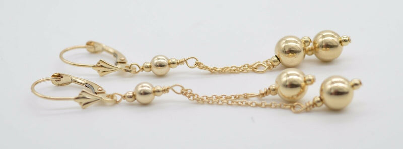 New 14K Solid Yellow Gold Round Double Bead Drop/Dangle Earrings