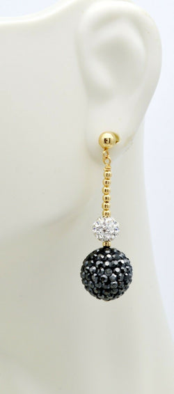 14k solid Yellow Gold 12mm and6mm Black &White Crystal Pave Ball Drop Earrings